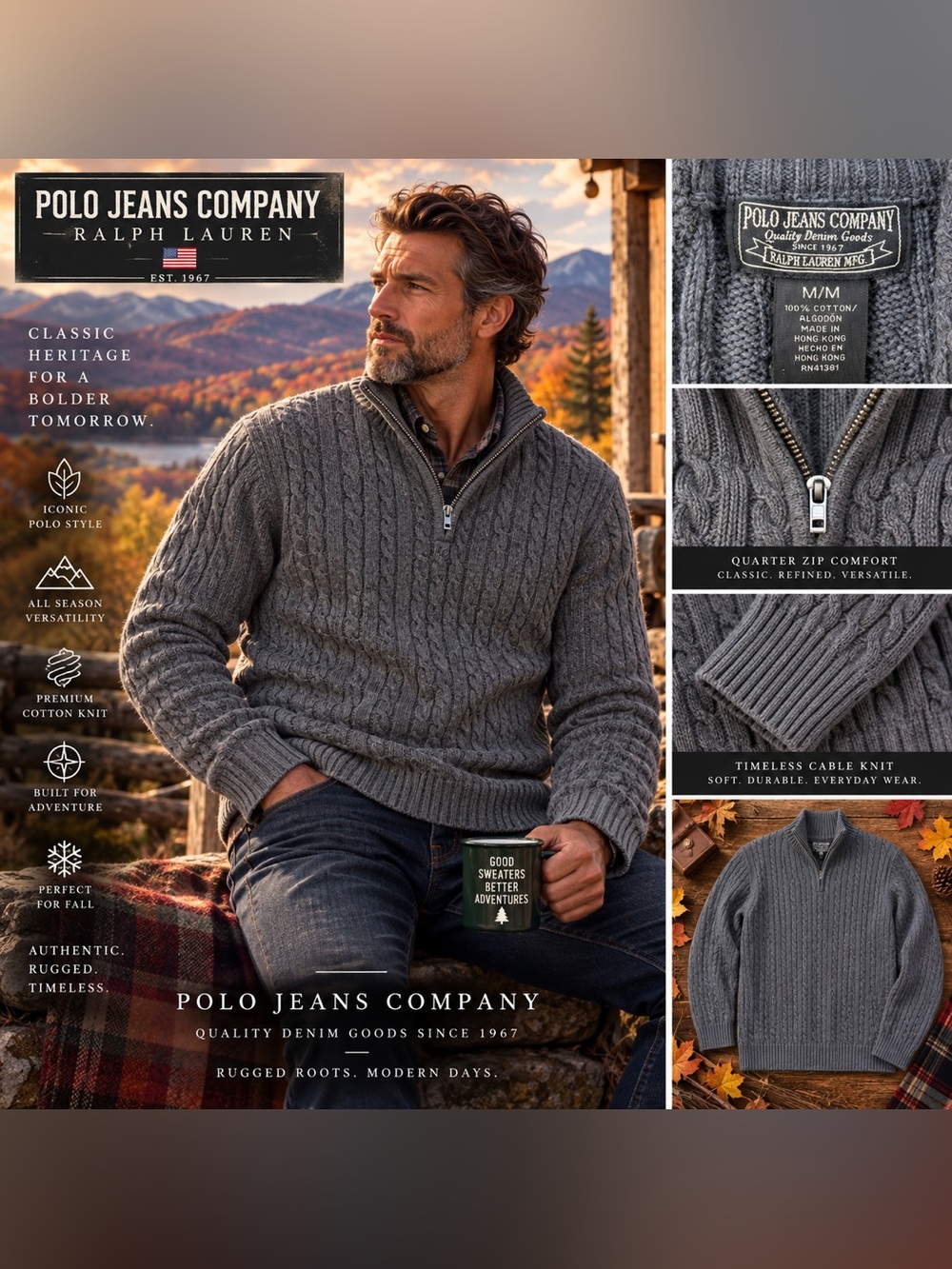Vintage Polo Jeans Co Ralph Lauren M Cable Knit 1/4 Zip Cotton Sweater Gray